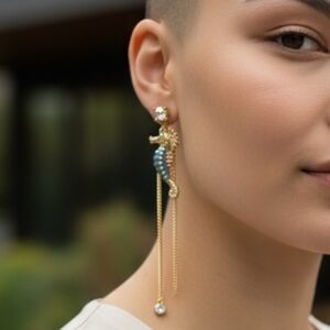 Betsey Johnson Elegant Gold and Blue Seahorse Earrings